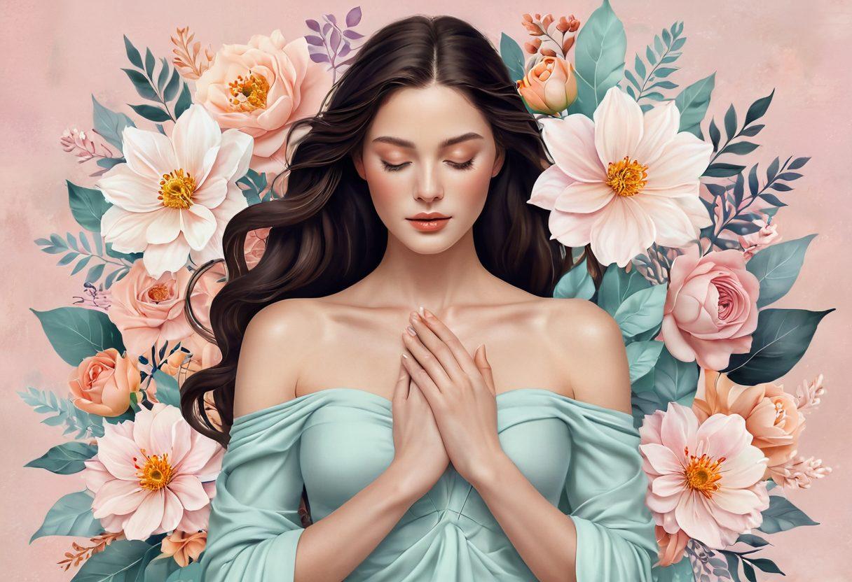 A striking and artistic representation of the female form, emphasizing curves and softness, intertwined with symbols of intimacy like flowers and gentle hands. The background depicts a peaceful and calming environment, invoking warmth and acceptance. Include soft, flowing lines and muted pastel colors to enhance the theme of celebration and connection. Create a sense of harmony and empowerment, capturing the essence of femininity. super-realistic. pastel colors. serene background.