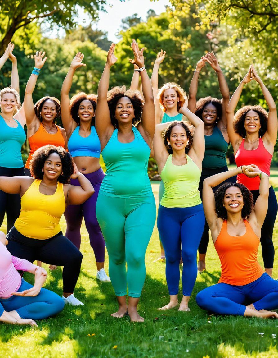 A diverse group of women of various sizes celebrating together in a sunlit park, wearing colorful activewear and joyful expressions. They are engaging in activities like yoga, dancing, and laughing, with a lush green background adorned with flowers, symbolizing body positivity and health. Bright, inviting colors to create a warm, uplifting atmosphere. super-realistic. vibrant colors. nature backdrop.