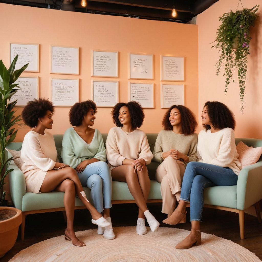 A diverse group of confident women sharing their personal stories in a cozy, inviting setting, with warm lighting and comfortable seating. Each woman has a unique expression that conveys empowerment and resilience, surrounded by symbolic elements like flowering plants and empowering quotes on the walls. The scene radiates a sense of community and support, showcasing various body types and styles. soft focus. pastel colors. cozy atmosphere.